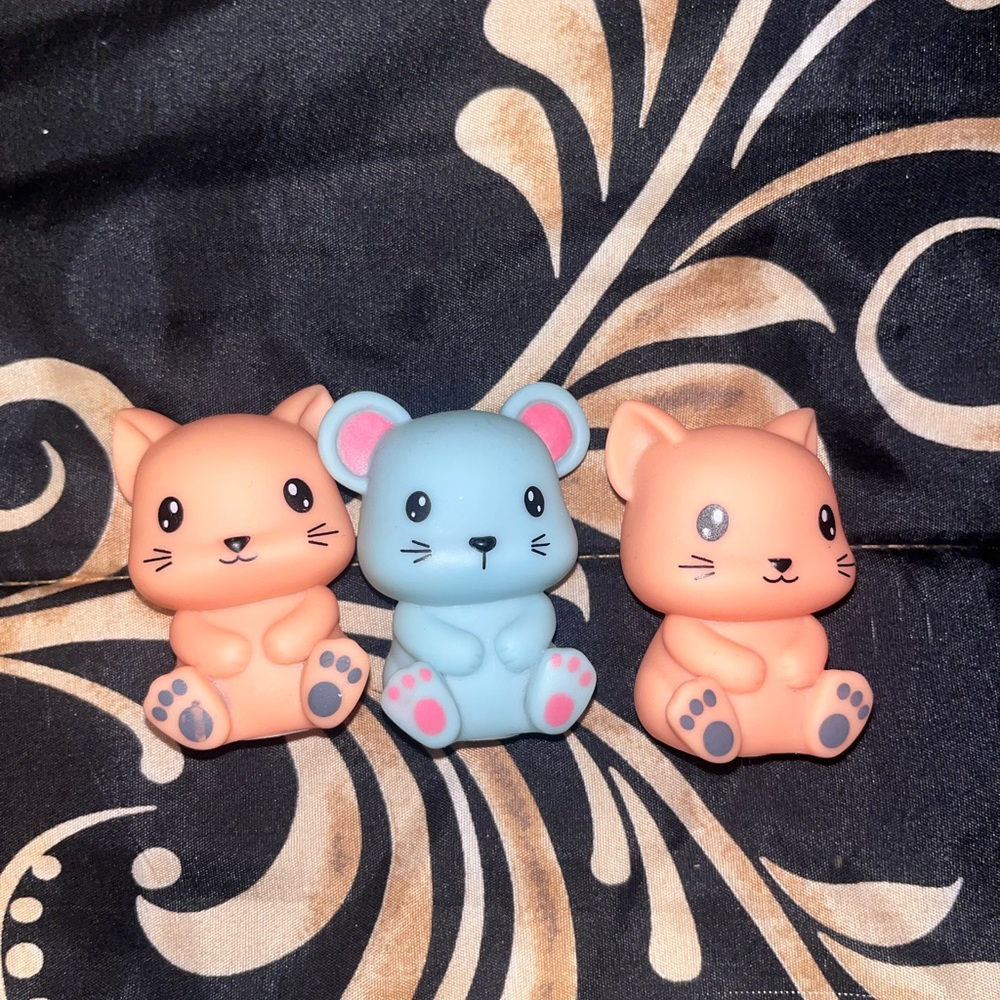 Lot of 2 Small Cute Rubber Cat Figurines and 1 mouse, 2 1/2 inches.